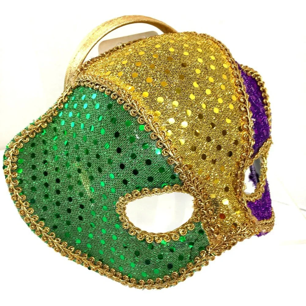 Mardi Gras Gold Green Purple Sequin Head Band Face mask Unisex NWT NOS